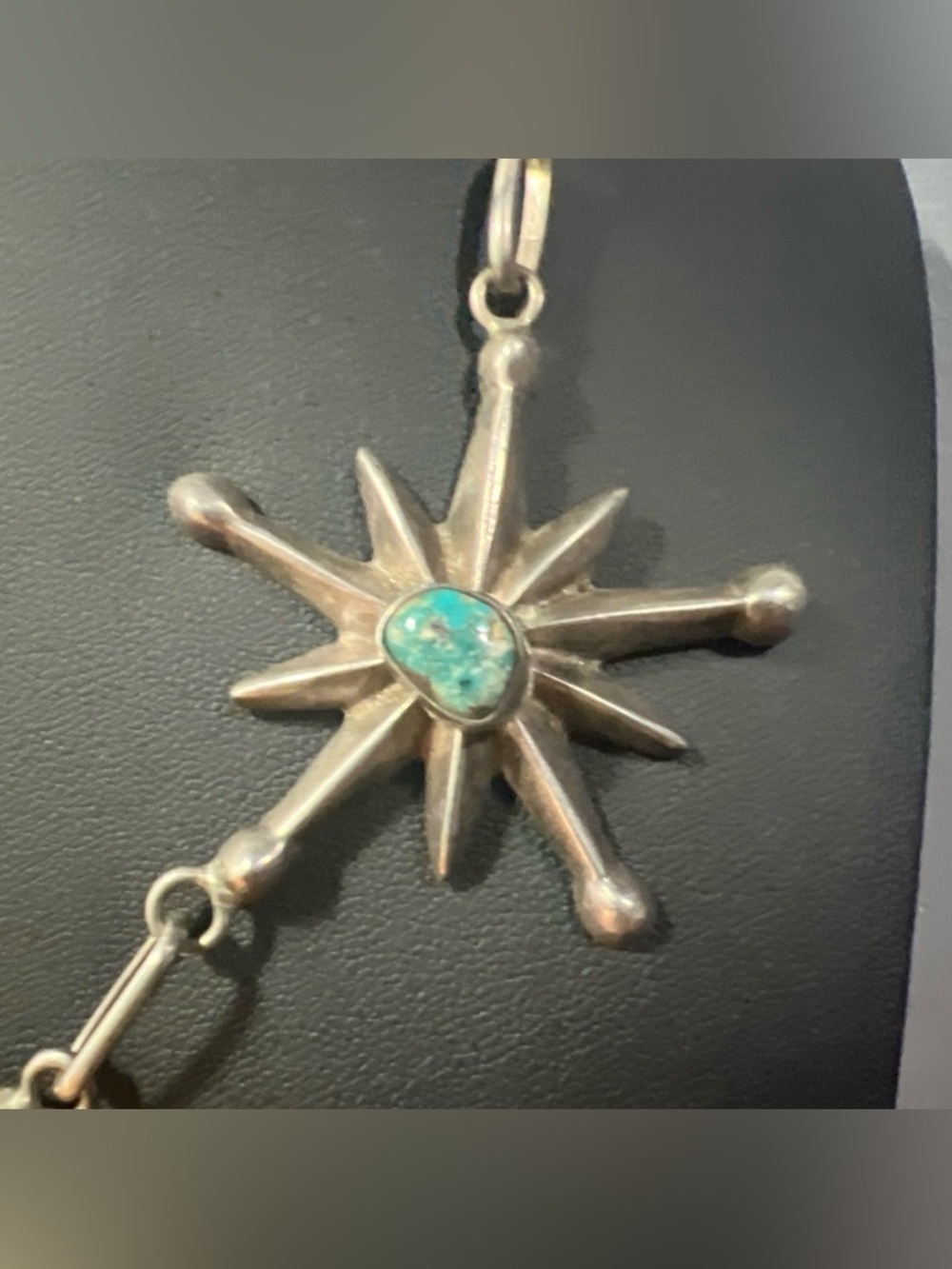 VTG c1950's Navajo Sterling Silver 3 Sand-cast Stars Bisbee Turquoise Necklace - Picture 3 of 10